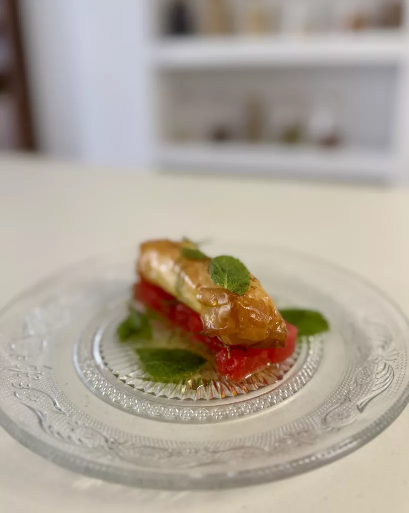 Watermelon feta filo appetizer for Mediterranean sunset dinner party Marbella