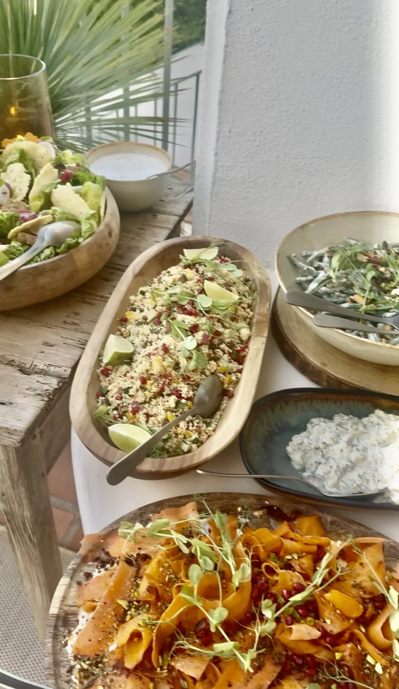 Wooden bowls of seasonal salads at a Campo Marbella BBQ wedding