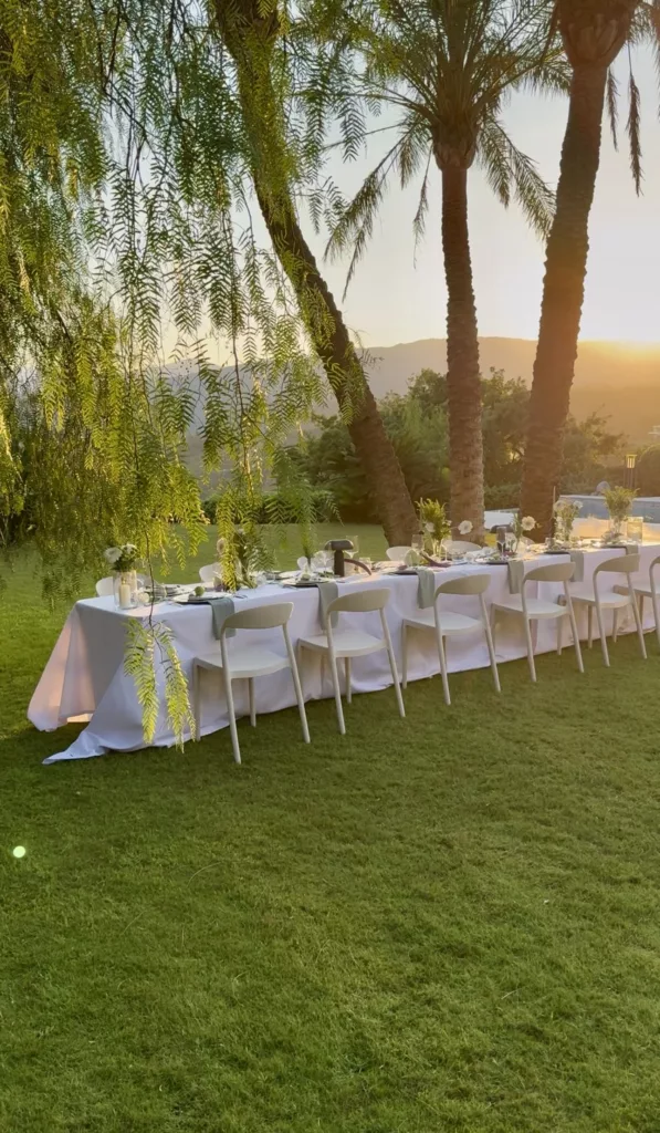 Long white banquet table on a lawn at sunset between palm trees at a wedding in Marbella